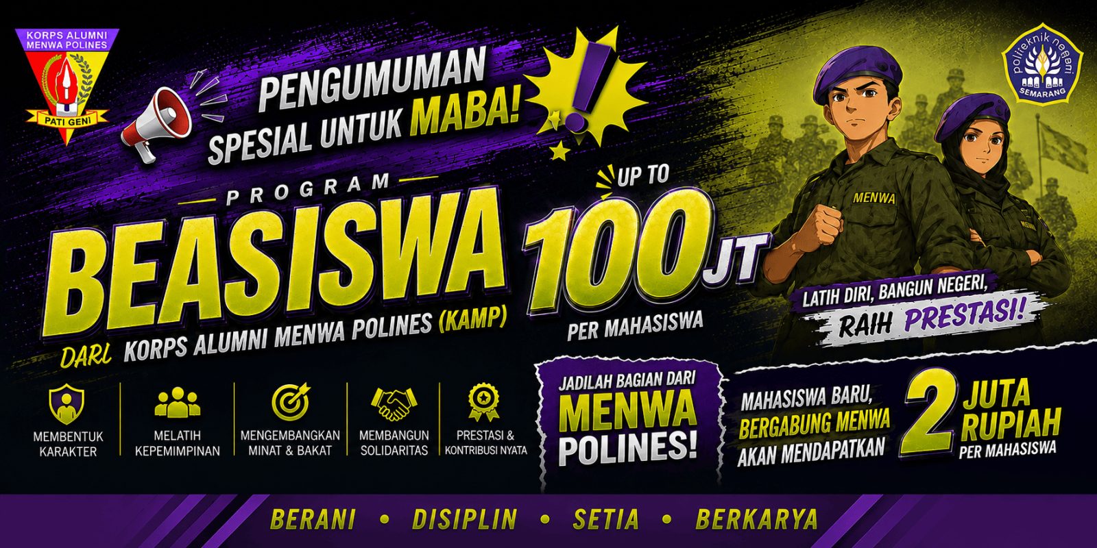 KAMP Siapkan Beasiswa Rp100 Juta bagi Mahasiswa Baru POLINES yang Bergabung dengan Menwa Pati Geni Batalyon 950